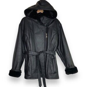 Wilsons 80s Women Black Leather Coat Jacket XL Full Fur Lining Hooded Belt Zip
